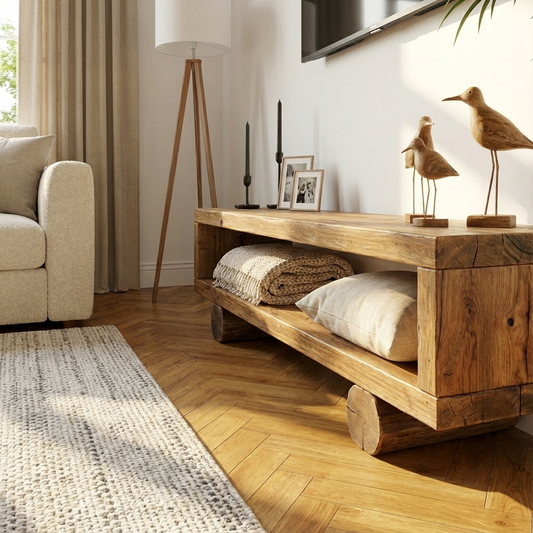 Rustic handmade solid wood TV unit with tapered feet from Tribe Joinery, featuring natural wood grain and sturdy construction.