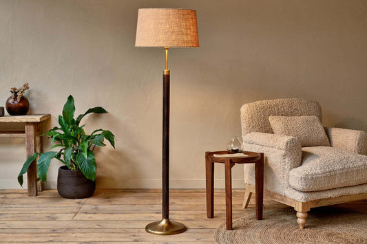 Digha wood and metal floor lamp base with dark stain finish and antique brass accents, modern lighting design by Lush & More.