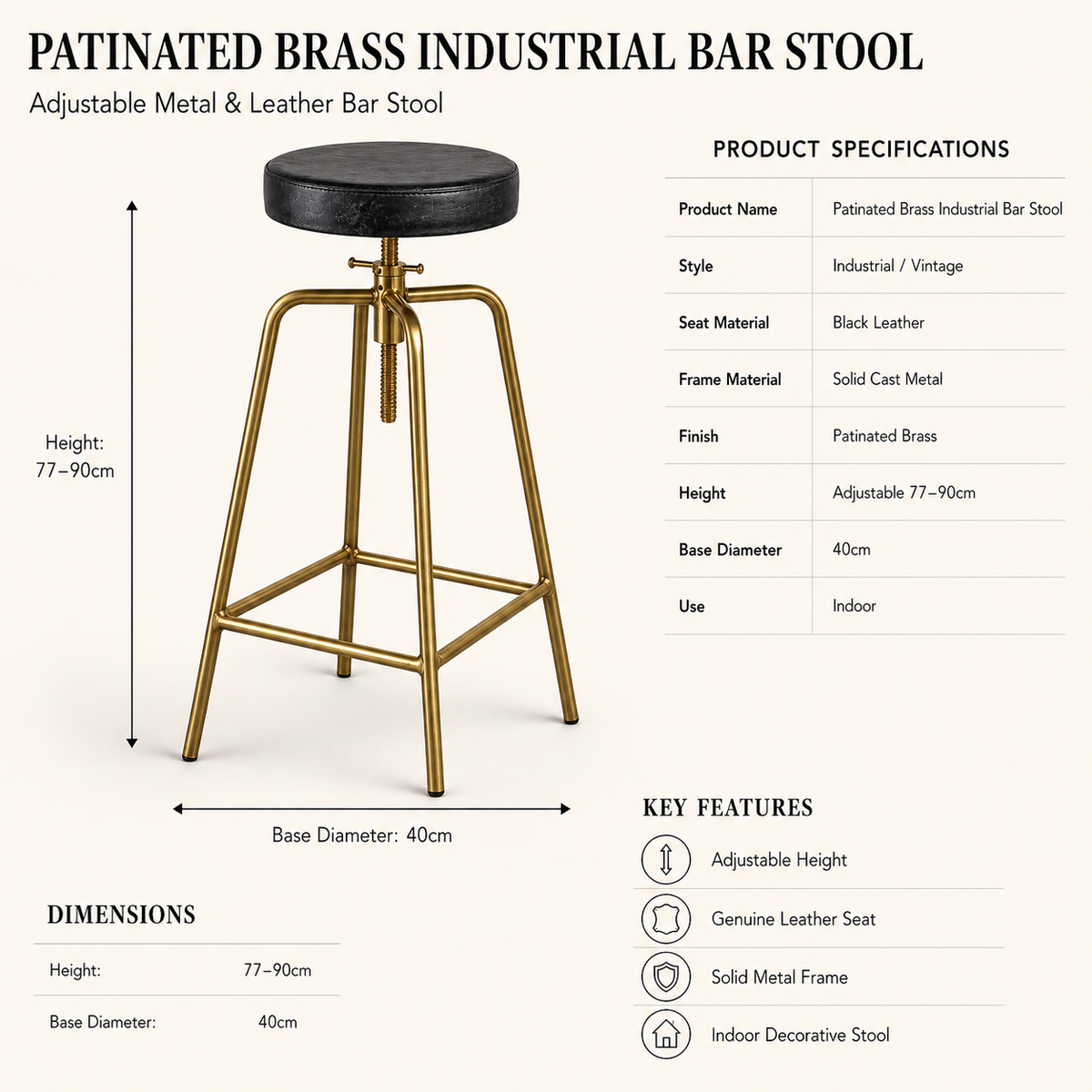 Antique Brass & Black Leather Adjustable Bar Stool