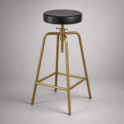 Antique Brass & Black Leather Adjustable Bar Stool