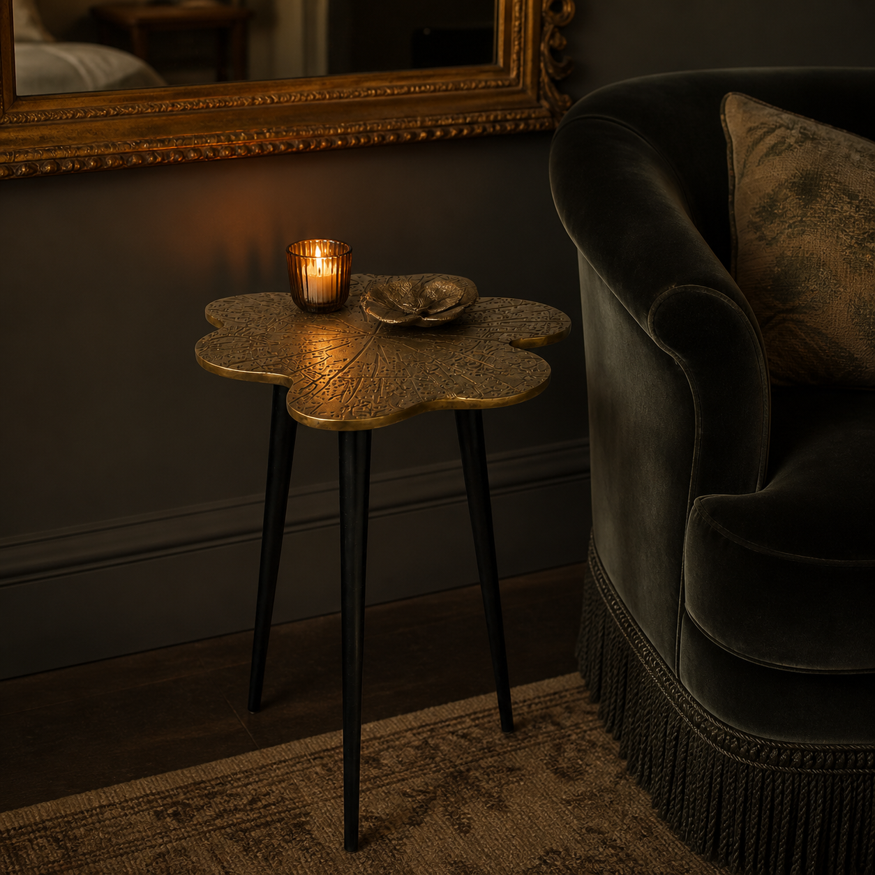 Brass Clover Side Table | Etched Top & Black Iron Legs
