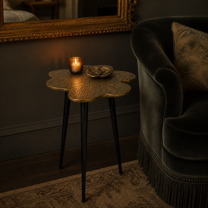 Brass Clover Side Table | Etched Top & Black Iron Legs
