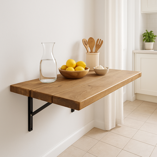 Rustic wood foldable wall-mounted desk with black brackets, space-saving design for kitchen, office, or small spaces.