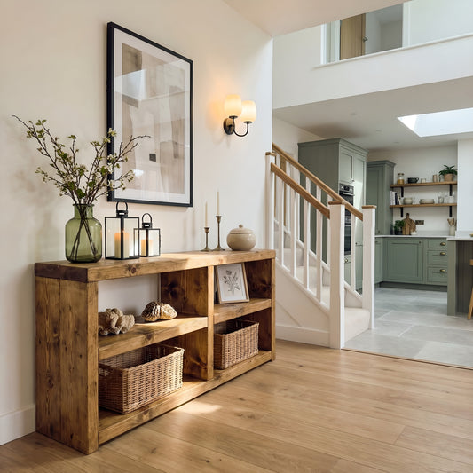 Rustic solid wood Halsten Timber Shelving Unit with five shelves, ideal for living room storage, books, or shoes, by Tribe Joinery