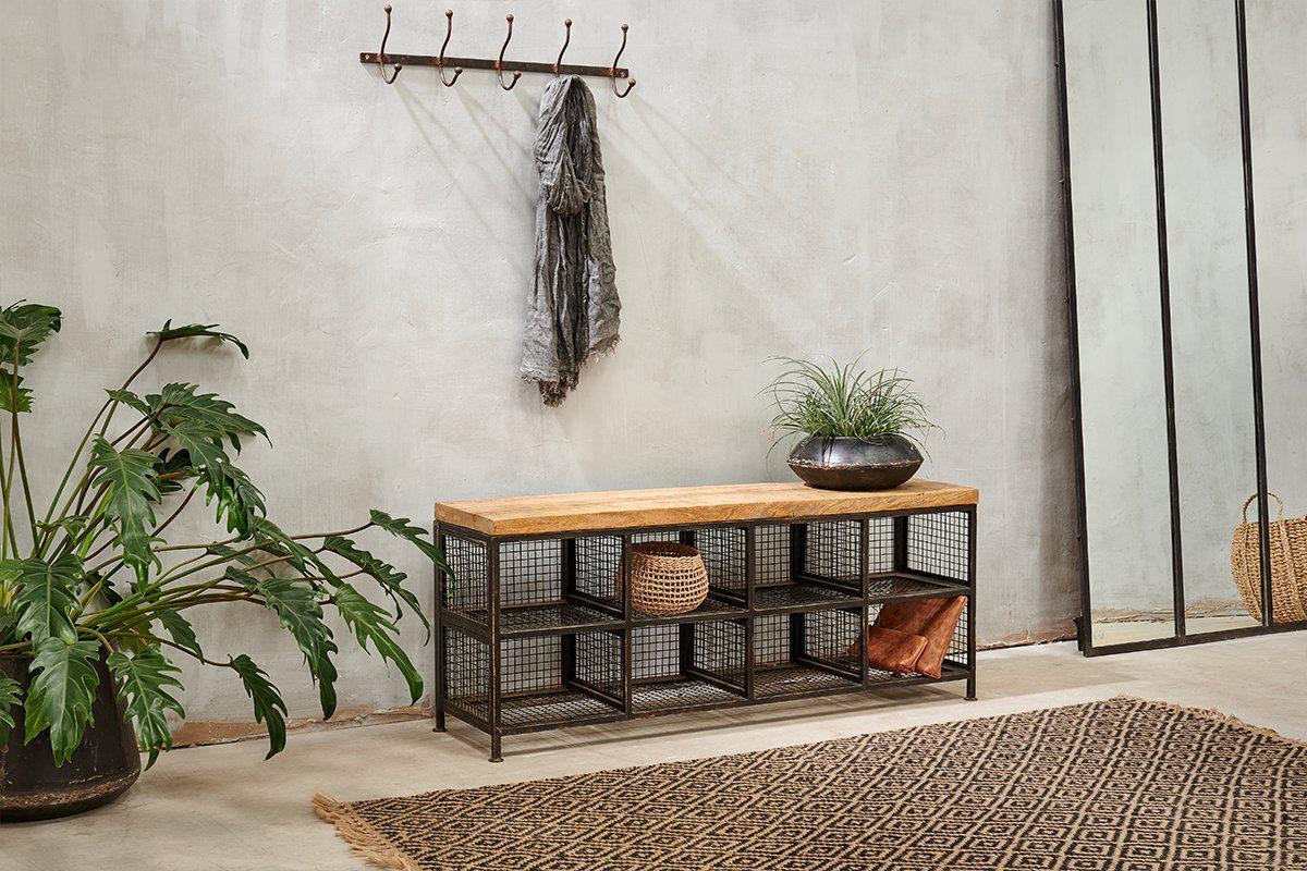 Hasa Industrial Storage Bench - Iron & Mango Wood - 46 X 120 X 30cm