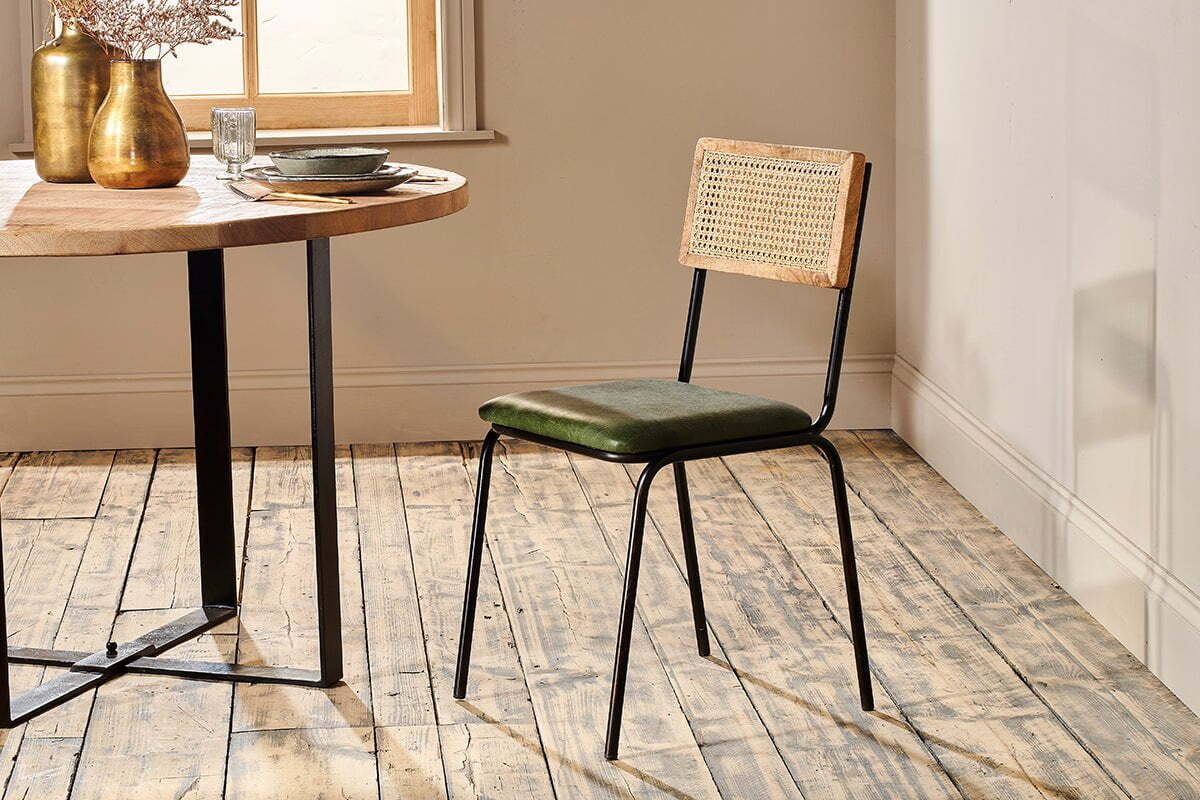 Iswa Leather & Cane Dining Chair - Green - One Size
