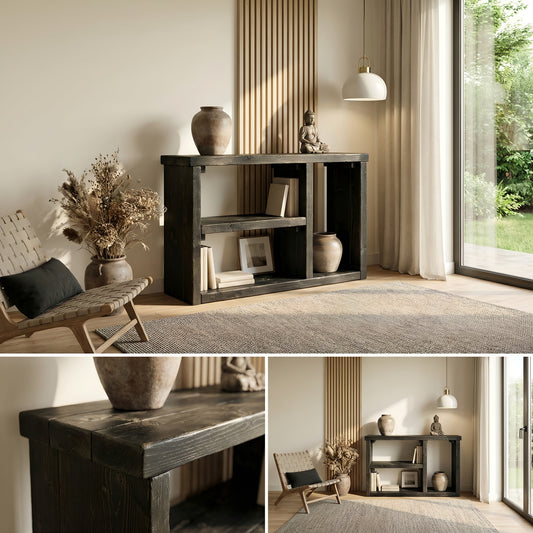 Black wooden Ivara bookshelf by Tribe Joinery with rustic finish, ideal for living room or shoe storage, showcasing sturdy solid wood design.