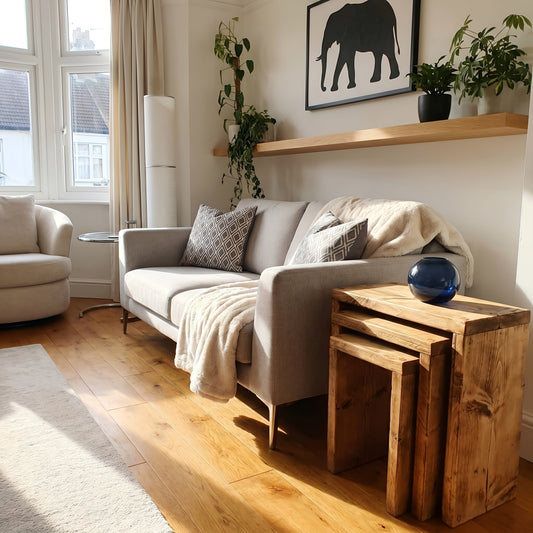 Set of 3 Solid Wood Rustic Nest Of Tables with Timber Legs