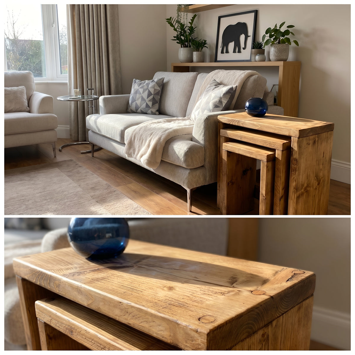 Set of 3 Solid Wood Rustic Nest Of Tables with Timber Legs