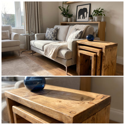 Set of 3 Solid Wood Rustic Nest Of Tables with Timber Legs