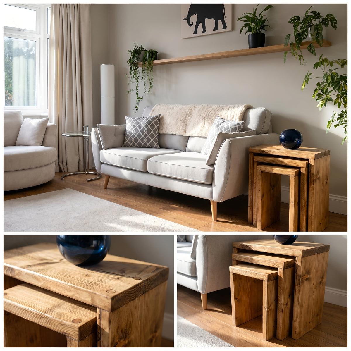 Set of 3 Solid Wood Rustic Nest Of Tables with Timber Legs