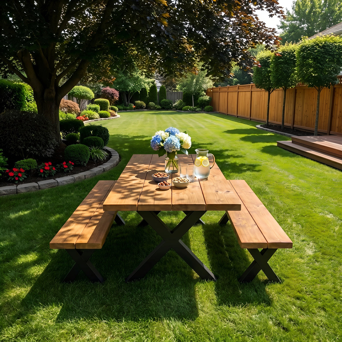 Outdoor Farmhouse Dining Table With Bench and Black Metal Cross Legs