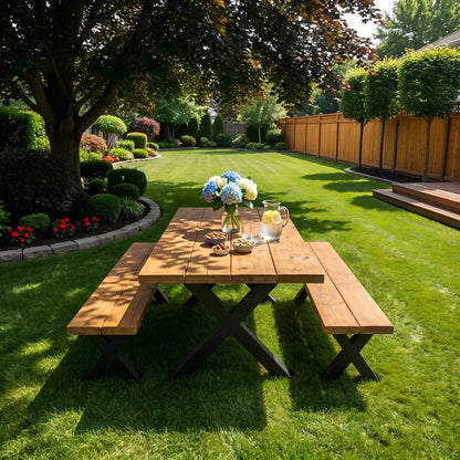 Outdoor Farmhouse Dining Table With Bench and Black Metal Cross Legs