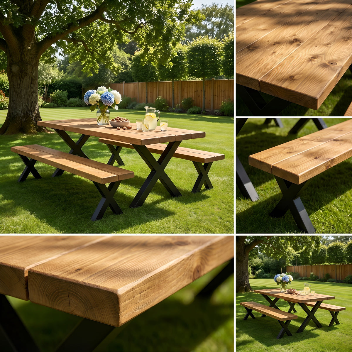 Outdoor Farmhouse Dining Table With Bench and Black Metal Cross Legs