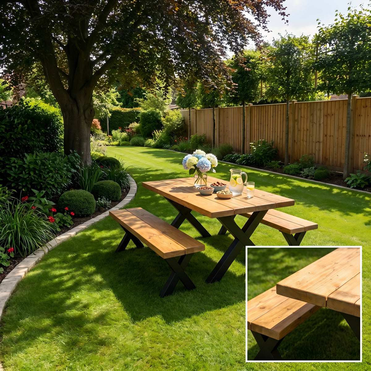 Outdoor Farmhouse Dining Table With Bench and Black Metal Cross Legs