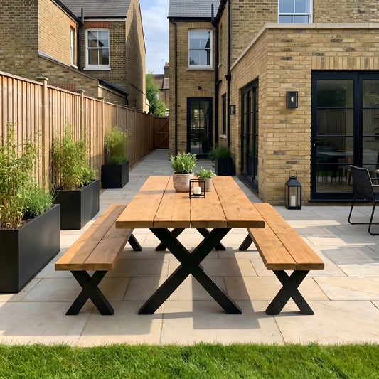 Outdoor Farmhouse Dining Table With Bench and Black Metal Cross Legs