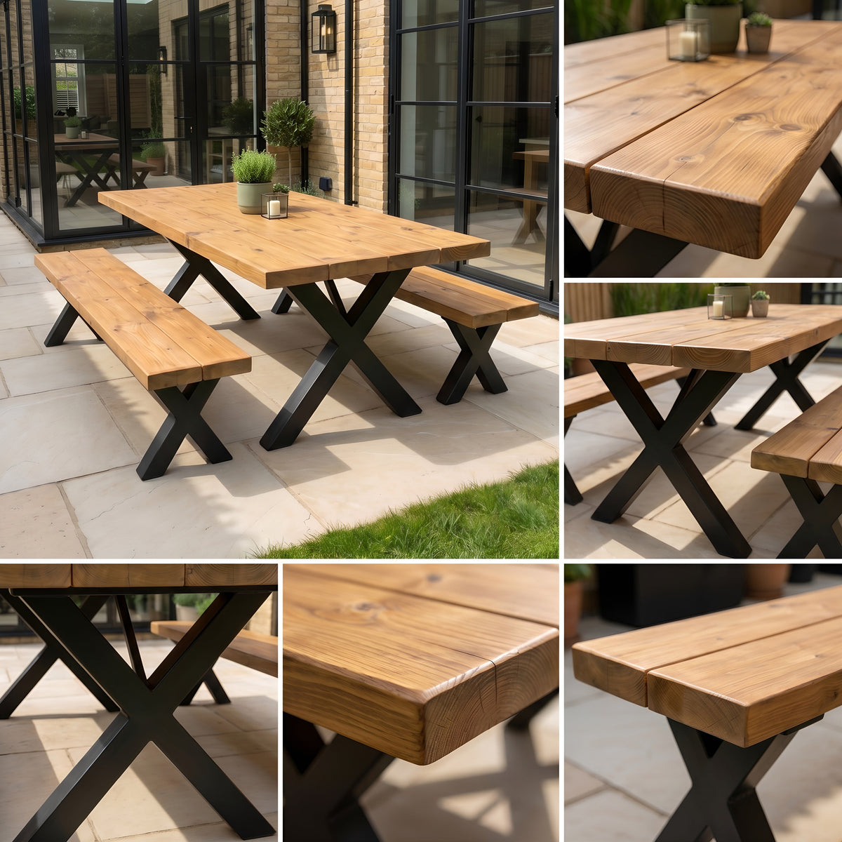 Outdoor Farmhouse Dining Table With Bench and Black Metal Cross Legs