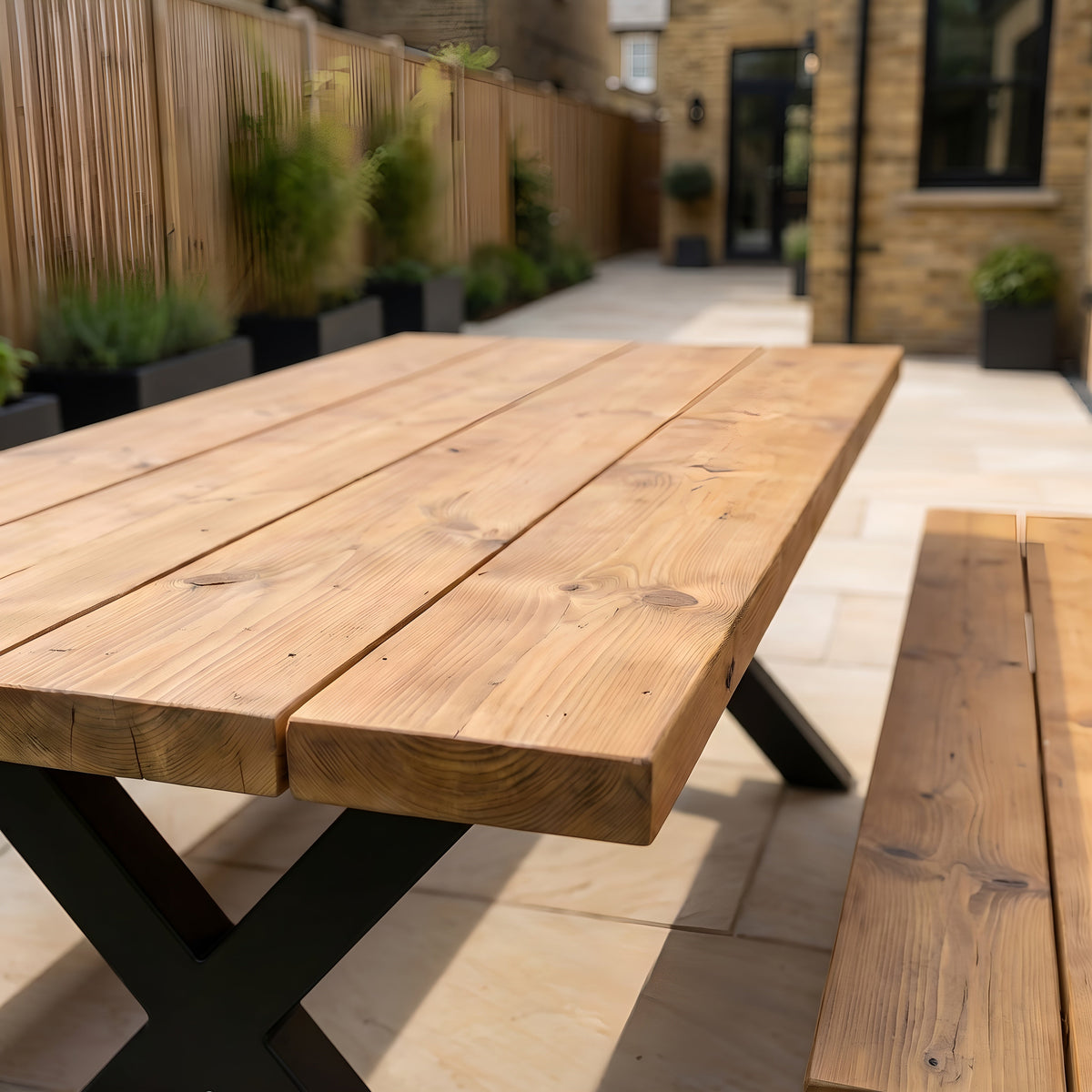 Outdoor Farmhouse Dining Table With Bench and Black Metal Cross Legs
