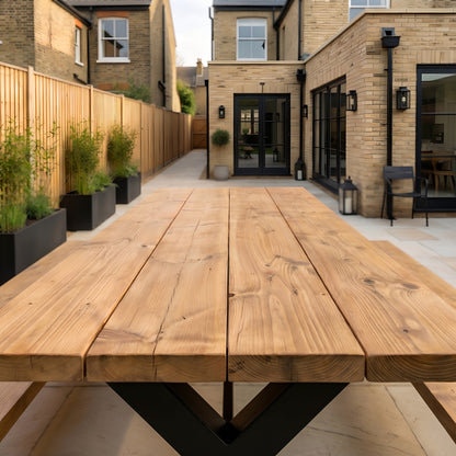 Outdoor Farmhouse Dining Table With Bench and Black Metal Cross Legs
