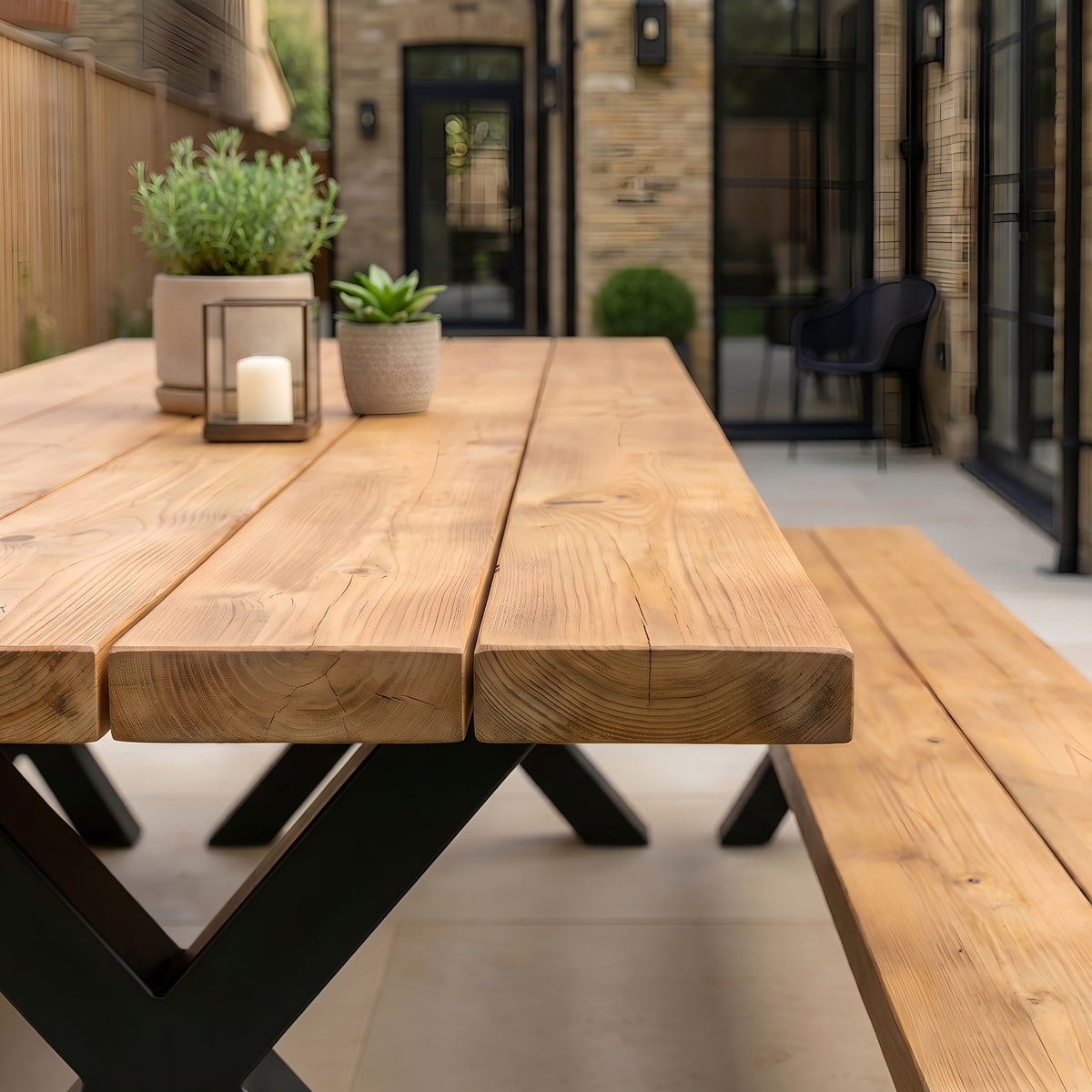 Outdoor Farmhouse Dining Table With Bench and Black Metal Cross Legs