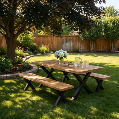 Outdoor Farmhouse Dining Table With Bench and Black Metal Cross Legs