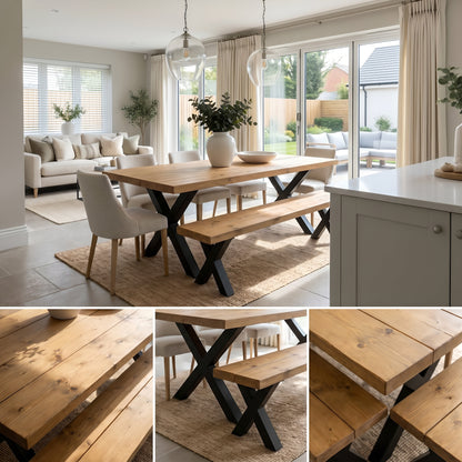 Farmhouse Dining Table With Bench and Black Metal Cross Legs
