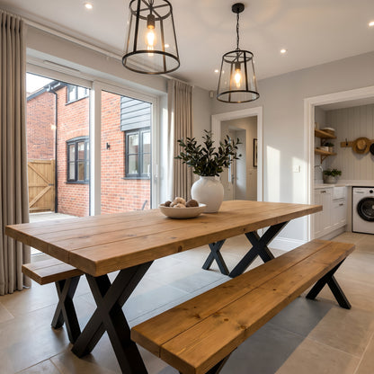 Farmhouse Dining Table With Bench and Black Metal Cross Legs