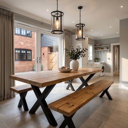 Farmhouse Dining Table With Bench and Black Metal Cross Legs