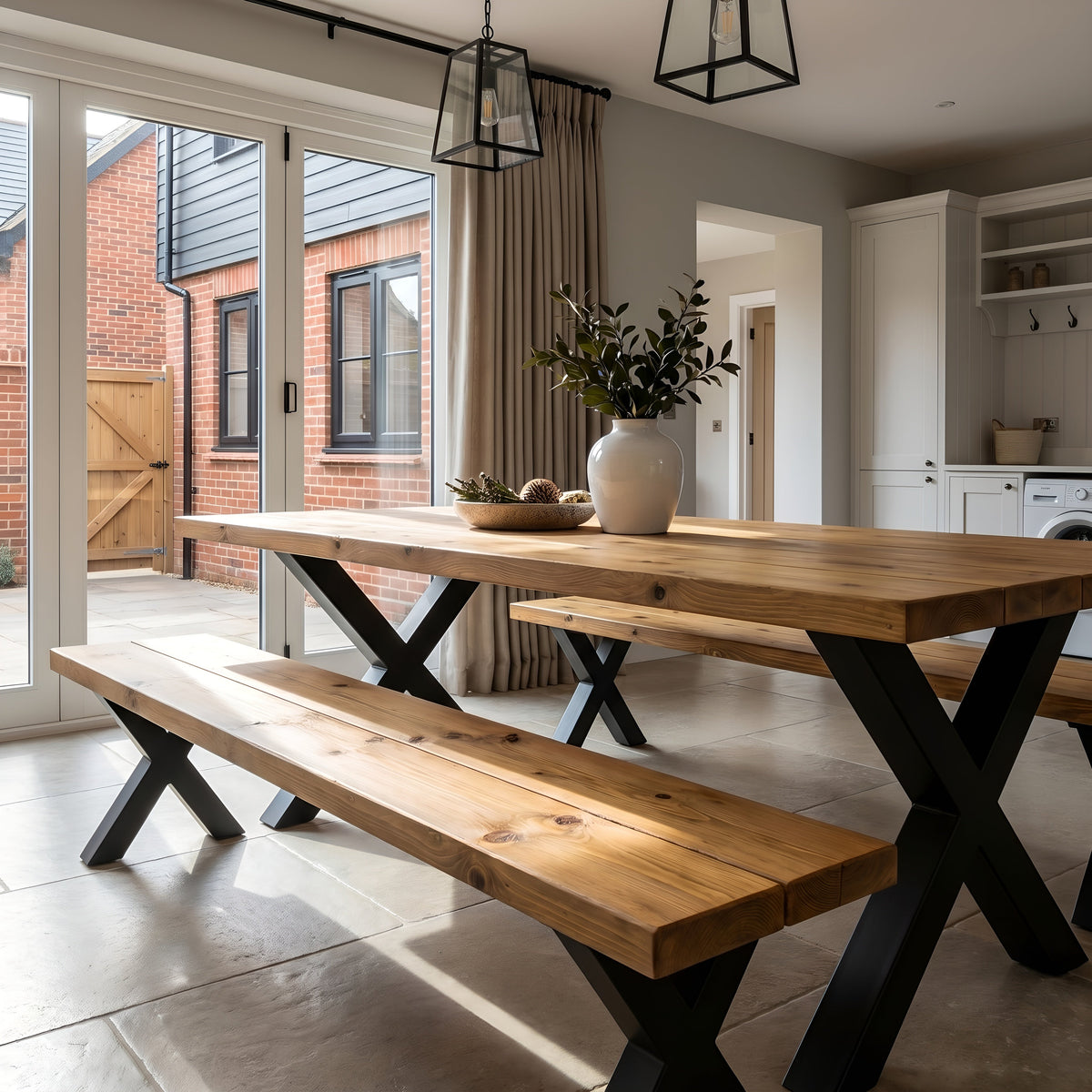 Farmhouse Dining Table With Bench and Black Metal Cross Legs