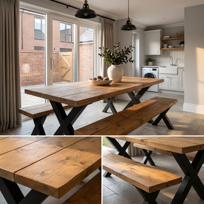 Farmhouse Dining Table With Bench and Black Metal Cross Legs