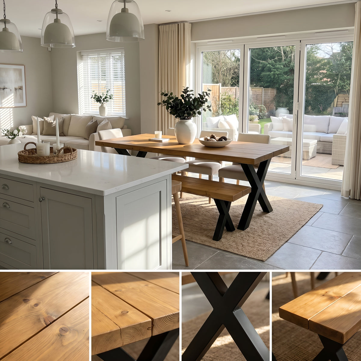 Farmhouse Dining Table With Bench and Black Metal Cross Legs