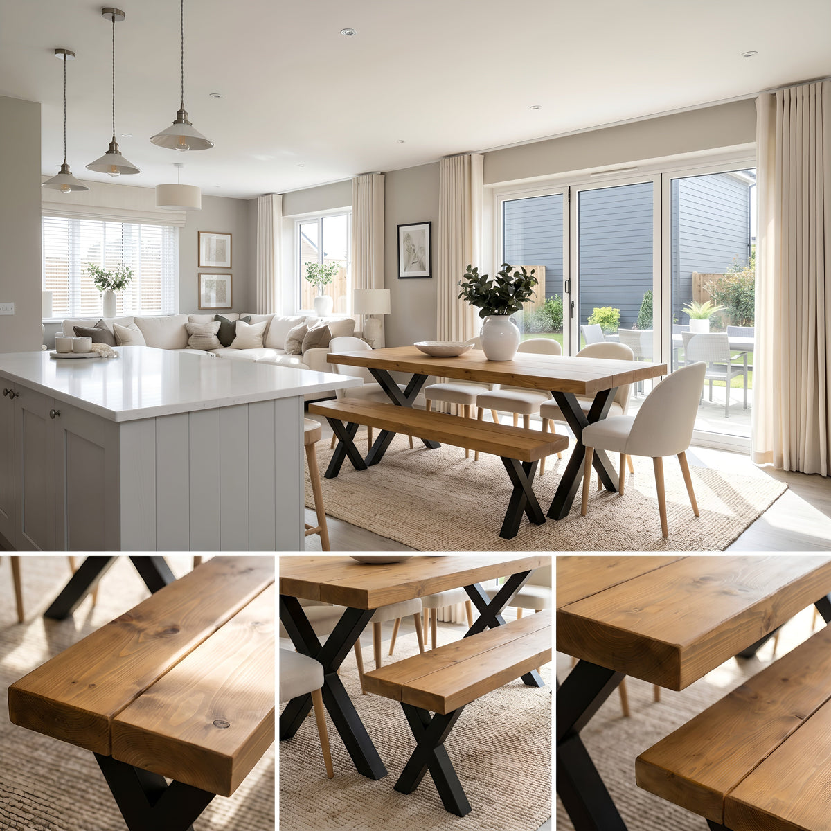 Farmhouse Dining Table With Bench and Black Metal Cross Legs