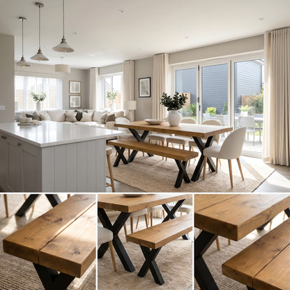 Farmhouse Dining Table With Bench and Black Metal Cross Legs