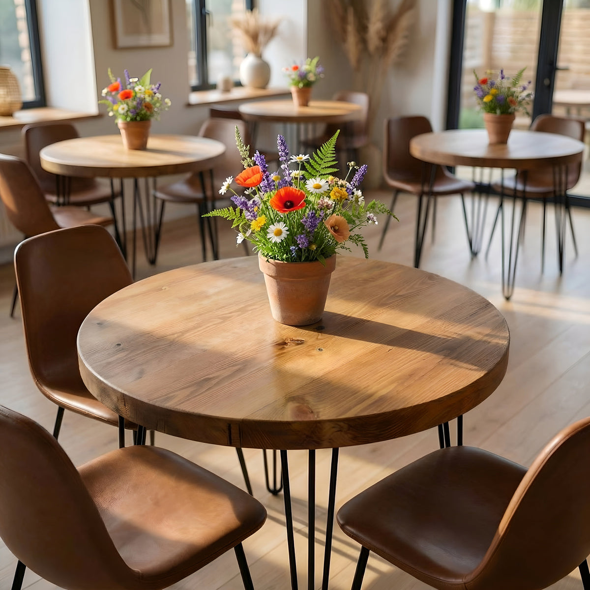 Round Solid Wood Tables With Hairpin Legs For Cafes and Restaurants Hospitality (Bulk Order)