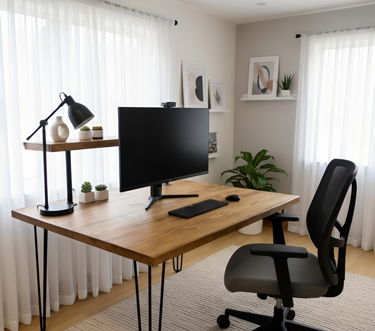 Handcrafted wooden study desk with shelf and hairpin legs by Tribe Joinery, showcasing a sturdy, stylish workspace for home or office.