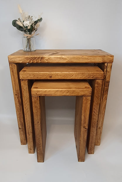 Set of 3 Solid Wood Rustic Nest Of Tables with Timber Legs