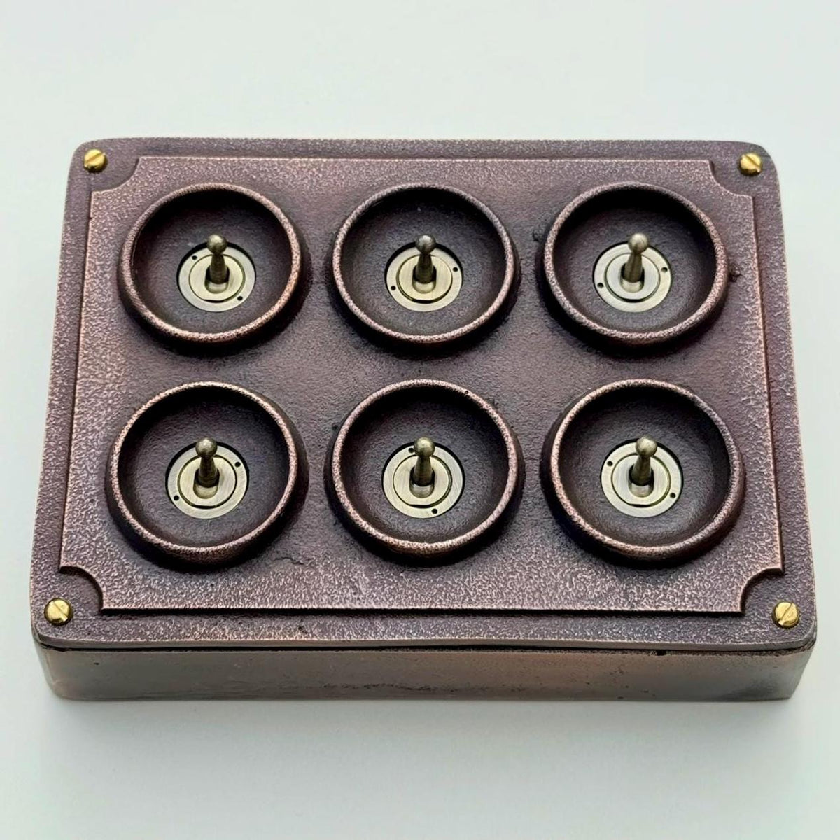 6 Gang 2 Way Antique Copper Conduit Toggle Light Switch | Cast Metal