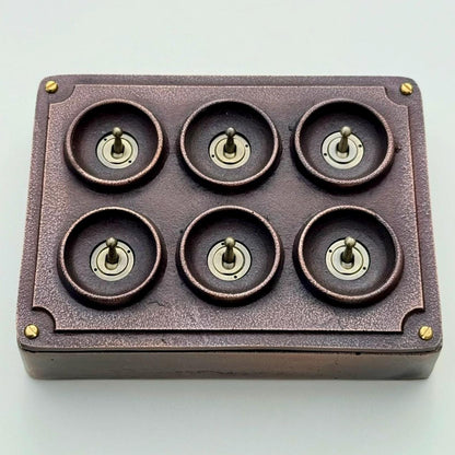 6 Gang 2 Way Antique Copper Conduit Toggle Light Switch | Cast Metal