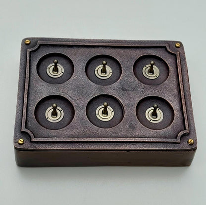6 Gang 2 Way Antique Copper Toggle Light Switch | Metal Conduit