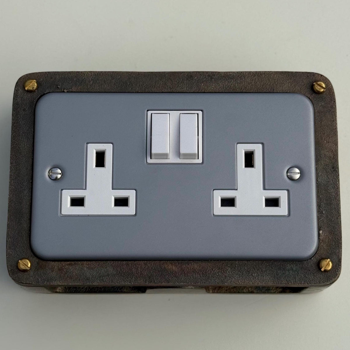 Grey Metal Clad Double Switched 13A Power Socket 230V 2 Gang Socket Antique Brass Conduit Switch