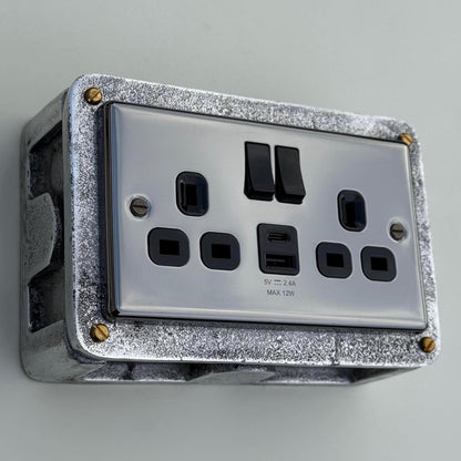 Black Nickel Double Switched 13A Socket | 2 Gang Solid Cast Metal Industrial Power Socket