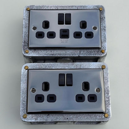 Black Nickel Double Switched 13A Socket | 2 Gang Solid Cast Metal Industrial Power Socket