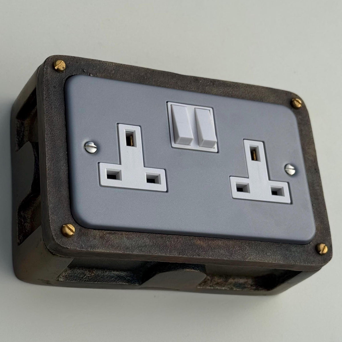 Grey Metal Clad Double Switched 13A Power Socket 230V 2 Gang Socket Antique Brass Conduit Switch