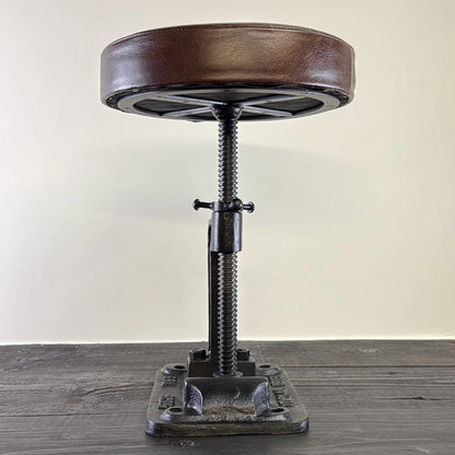 Vice Clamp Adjustable Stool | Cast Iron Industrial Seat | Leather Top