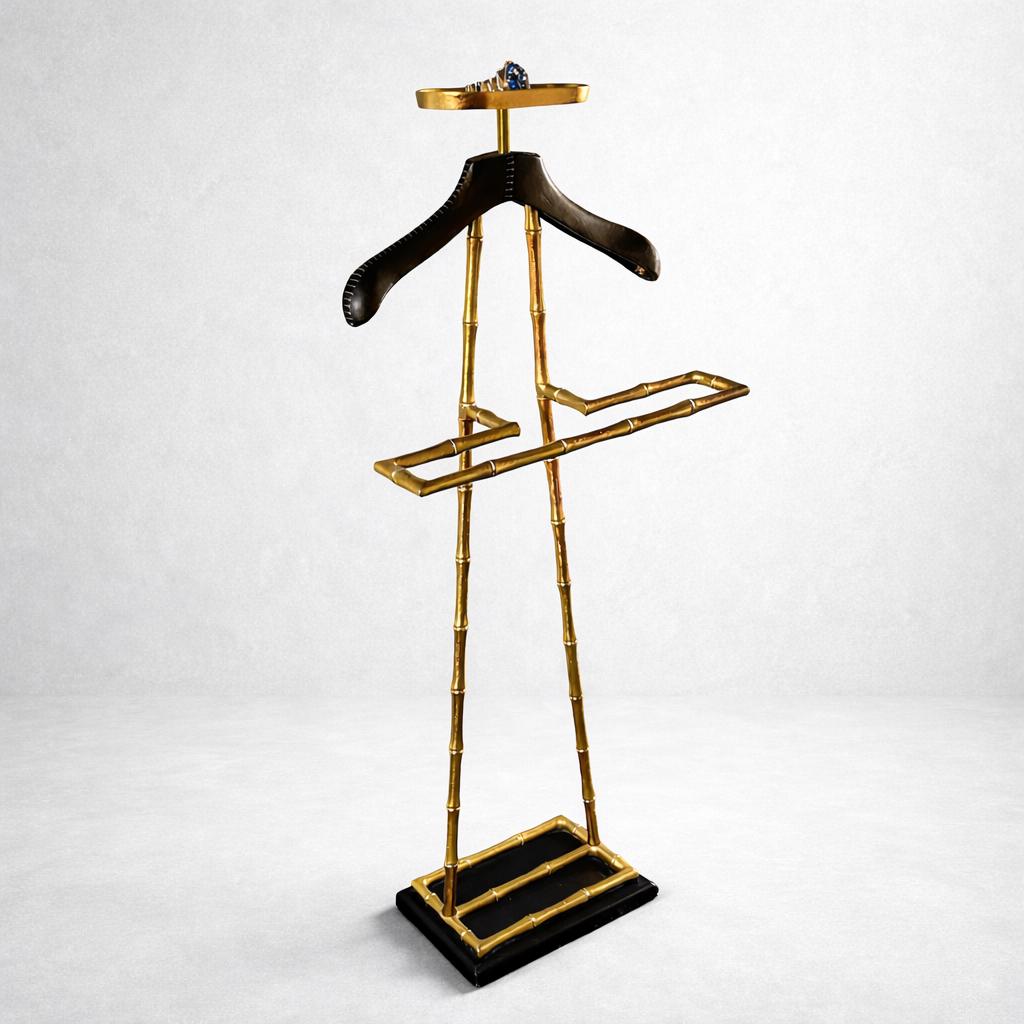 Luxury Dressboy Vintage Brass & Black Leather Valet Suit & Clothes Stand