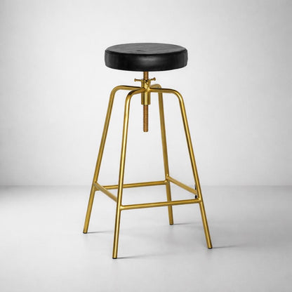 Antique Brass & Black Leather Adjustable Bar Stool