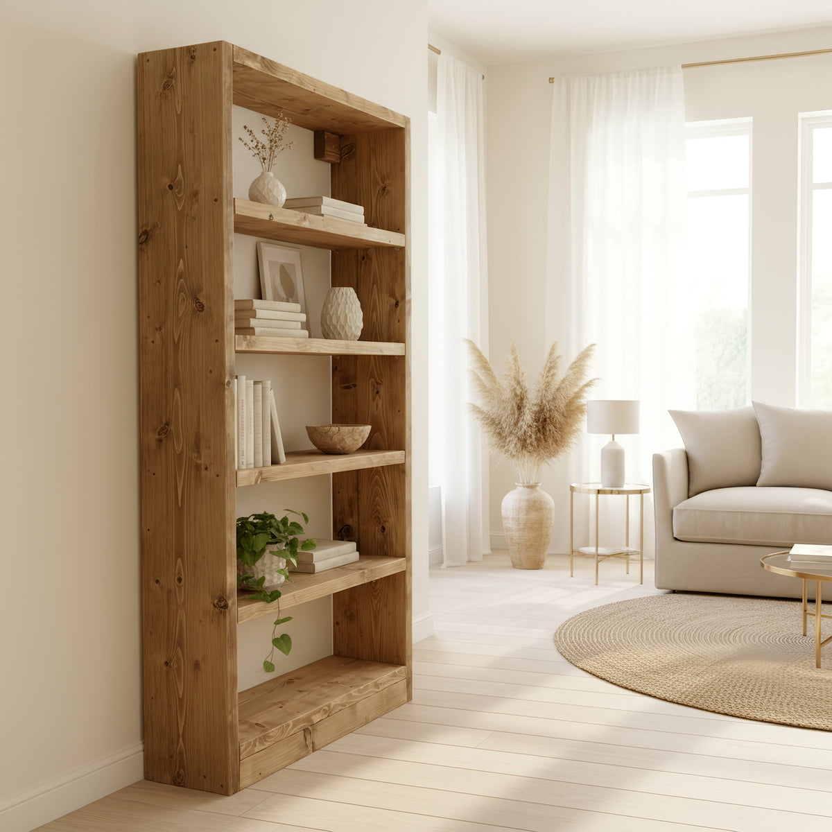 Solid Wood Bookshelf – Natural Finish Open Bookcase, Rustic Scandinavian Design