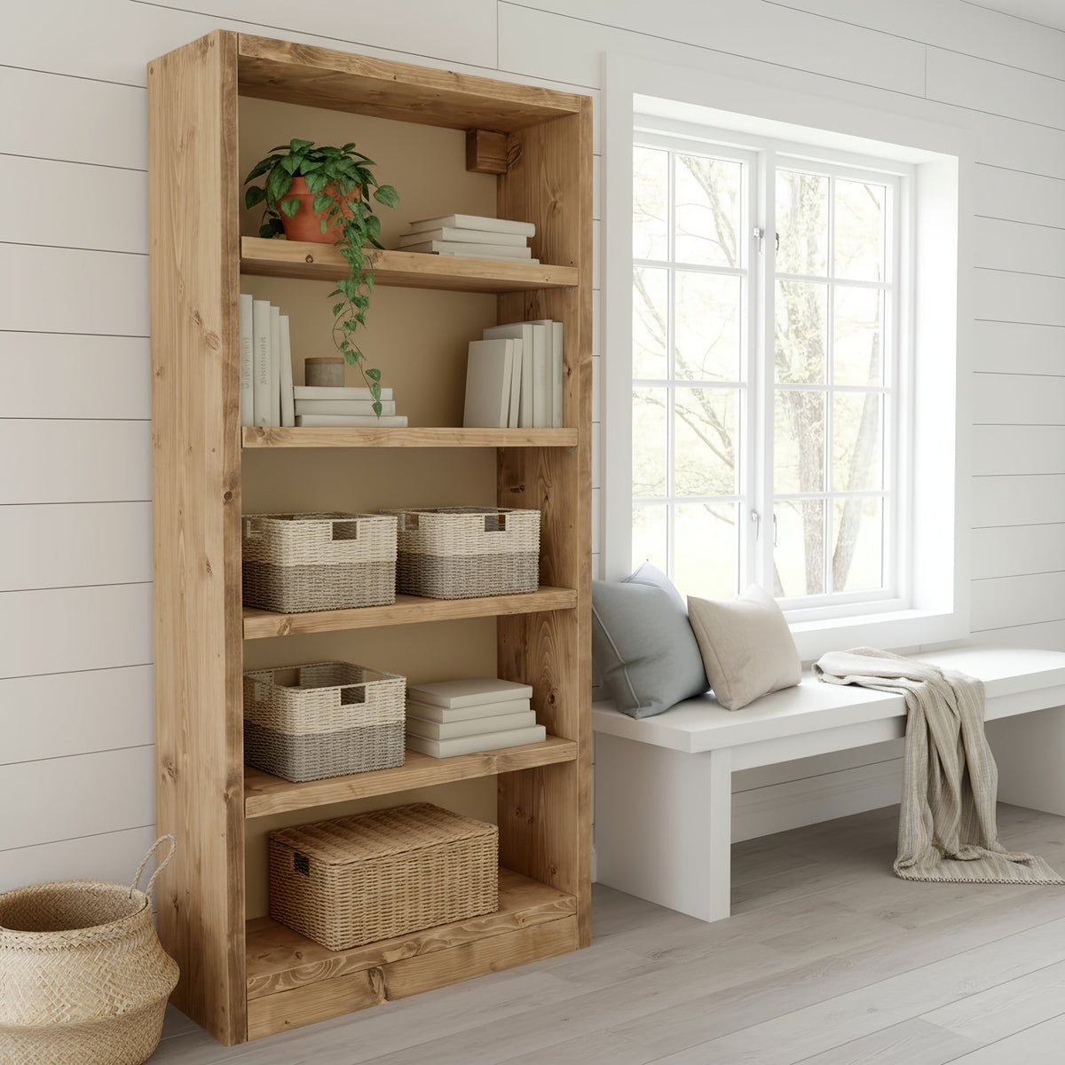 Solid Wood Bookshelf – Natural Finish Open Bookcase, Rustic Scandinavian Design