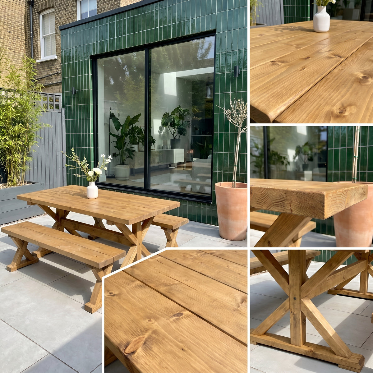Outdoor Table With Timber Cross Legs and Bench