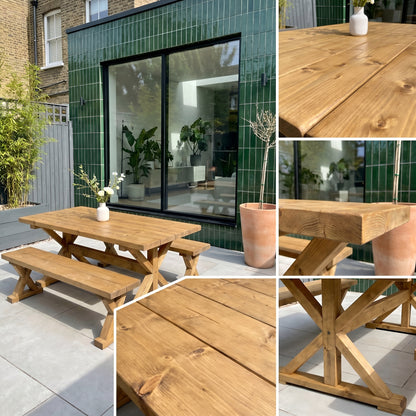 Outdoor Table With Timber Cross Legs and Bench